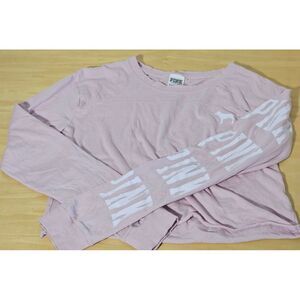 PINK Victoria's Secret Long‎ Sleeve Cotton Cropped Pink Tee T Shirt with Logo XS